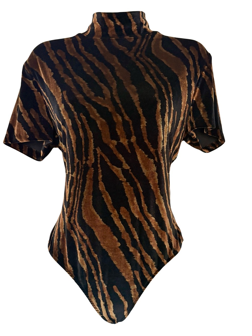 VTG Caché Tiger Stripe Velvet Bodysuit Mock Neck Thong sz Large EUC